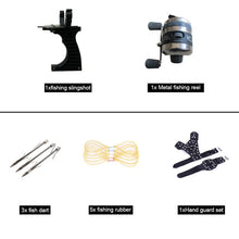 Load image into Gallery viewer, New Fishing Set Slingshot Hunting Catapult Suit Outdoor Shooting Fishing Reel + Darts Protective Gloves Flashlight Tools
